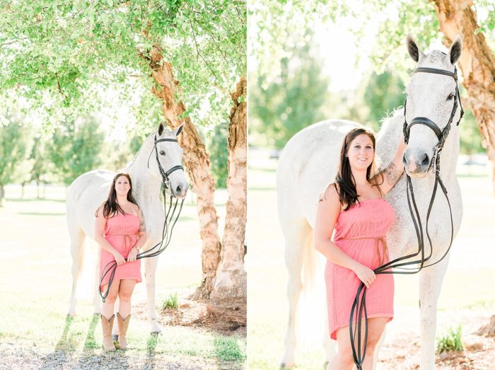 girl posing with big grey horse
