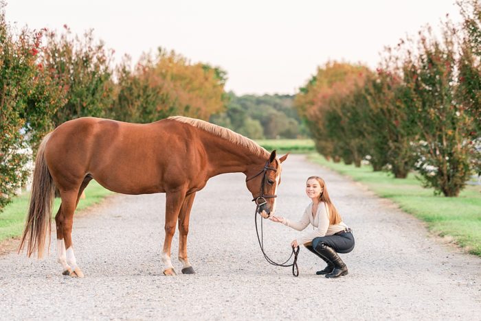 senior pictures with horse tree lined driveway
