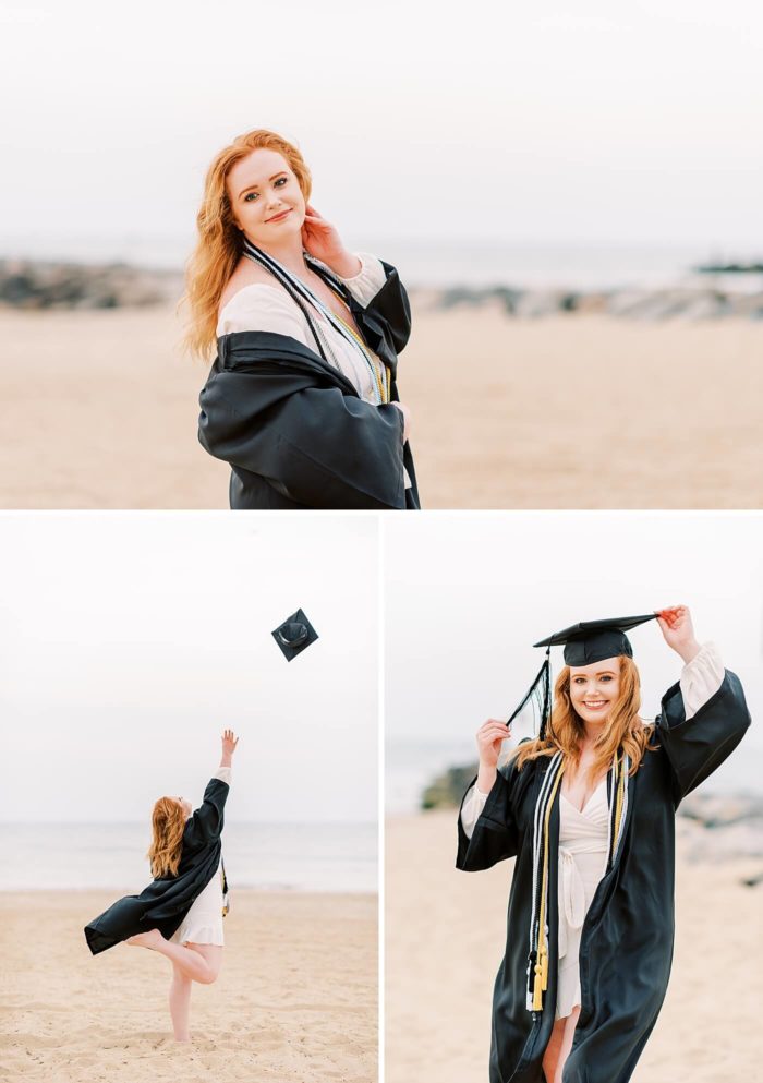 cap and gown photos on the beach