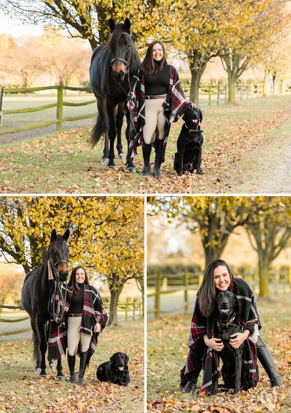 equine portraits with girl and dog in the fall